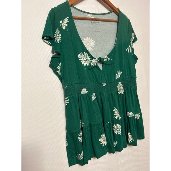 Torrid Super Soft Knits Plus Green Floral Tie Front Keyhole Babydoll Top 1X - Picture 4 of 10